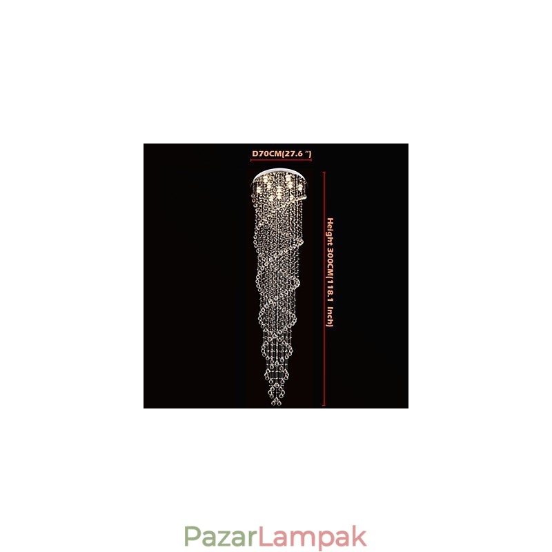 Mennyezeti csillár függő lámpatestek K9 kristály dupla spirállal D70CM H300CM