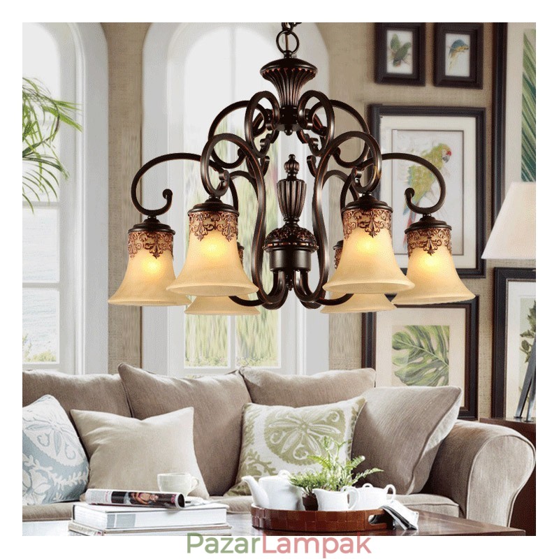 Csillár függőlámpa 6 fényű Vintage Country Island fém+üveg