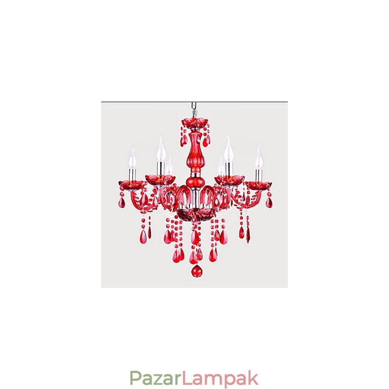 Csillár vörös kristály luxus modern 6 lámpa