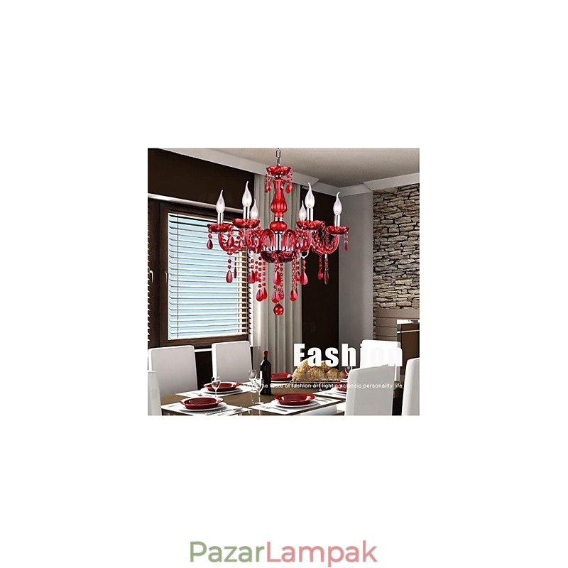 Csillár vörös kristály luxus modern 6 lámpa