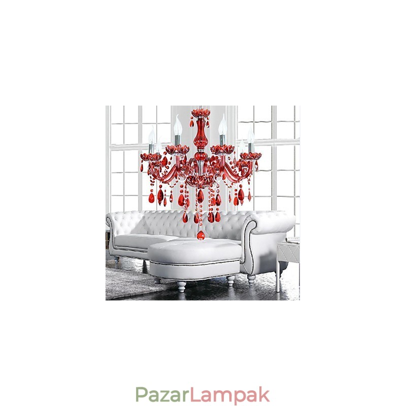 Csillár vörös kristály luxus modern 6 lámpa