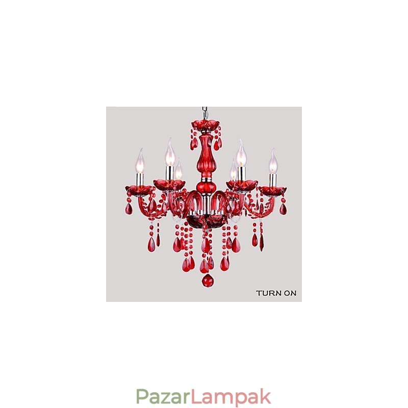 Csillár vörös kristály luxus modern 6 lámpa