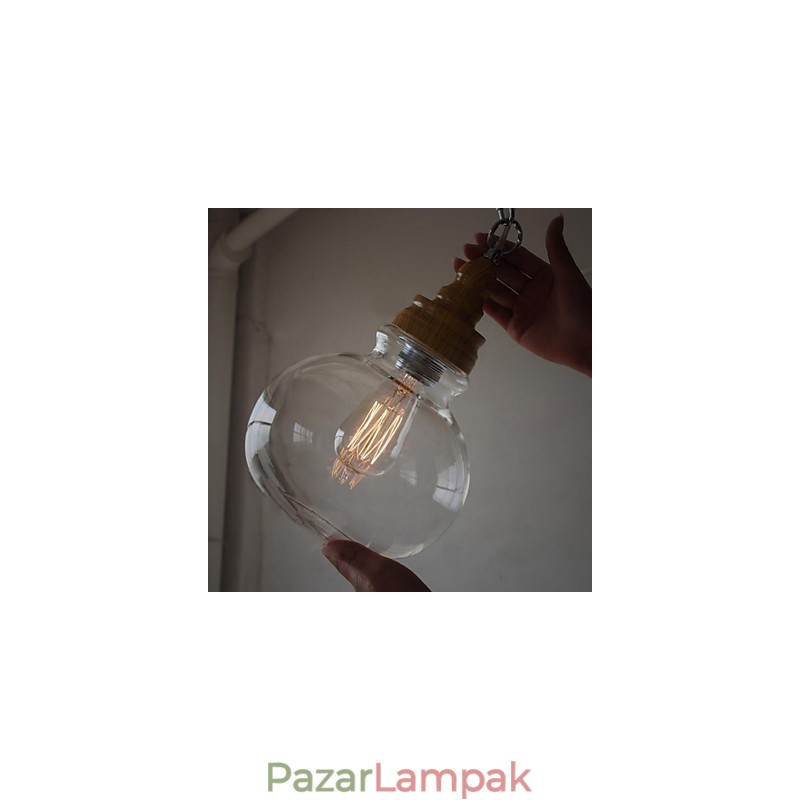 Vintage fából készült kerek kristálygömb függőlámpa (átmérő 19 cm)