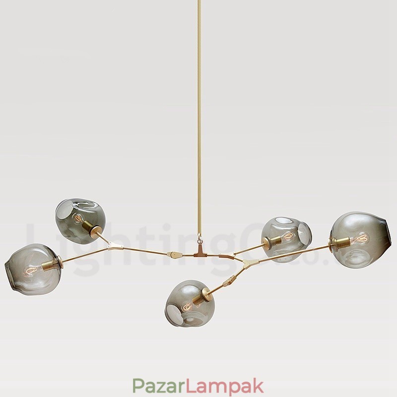 Modern, kortárs 5 fényes csillár üvegernyős lámpával