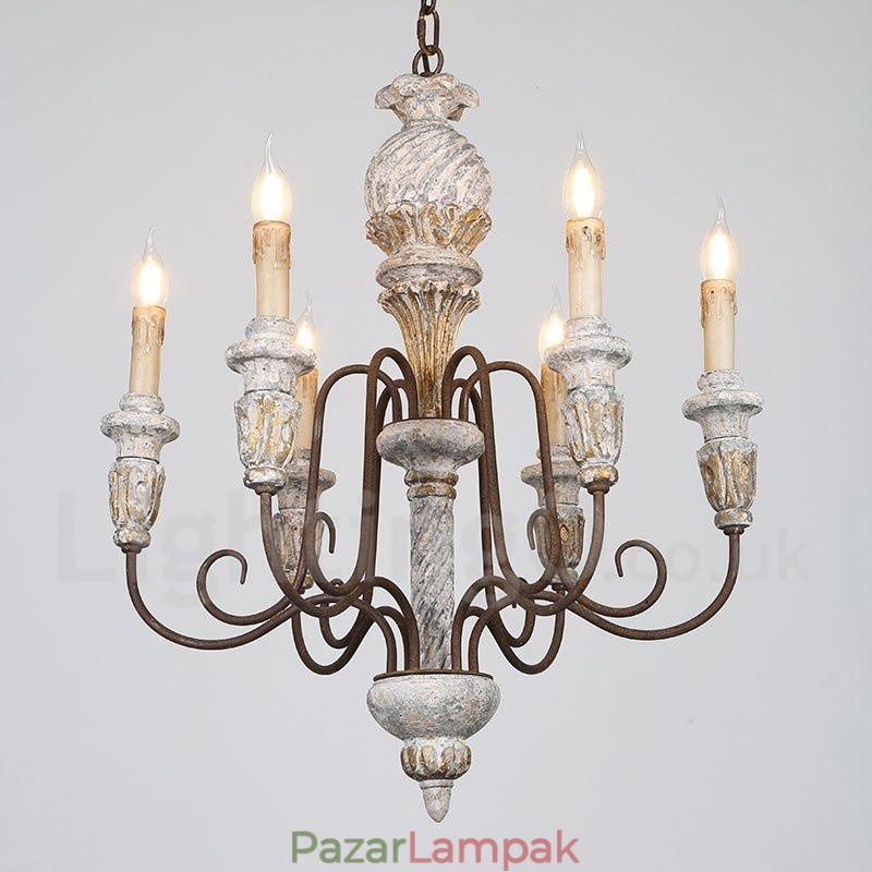 Country Vintage fából készült 6 fényű, egyszintes csillár fényhez