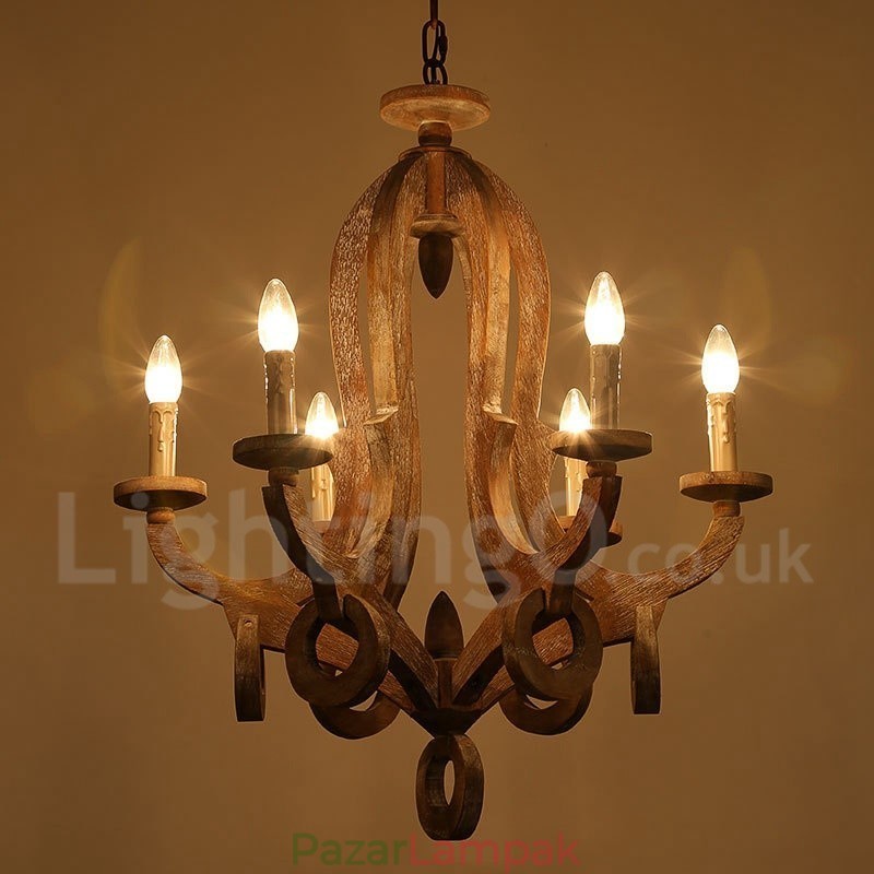 Country Wooden Vintage 6 Light egyszintű csillár könnyű fa lámpa