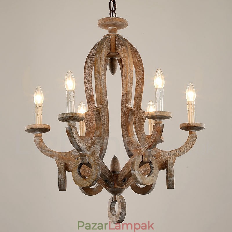 Country Wooden Vintage 6 Light egyszintű csillár könnyű fa lámpa
