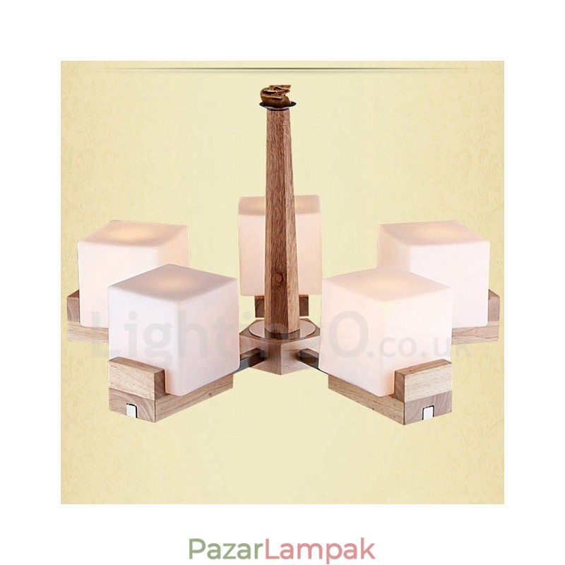 Fából készült, modern kortárs 5 fényű, egyszintes csillár lámpa