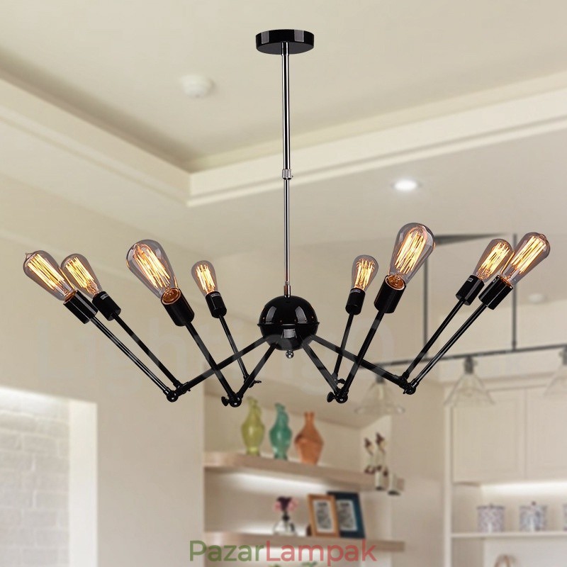 Fekete Retro Vintage Metal 8 Light egyszintű csillár lámpa