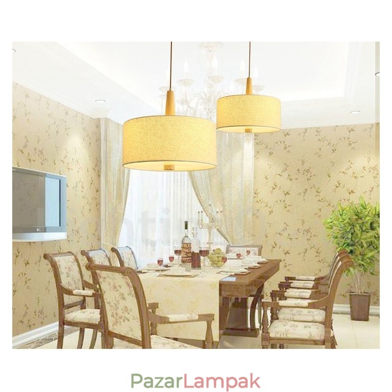Fából készült modern kortárs dob függőlámpa szövet ernyővel