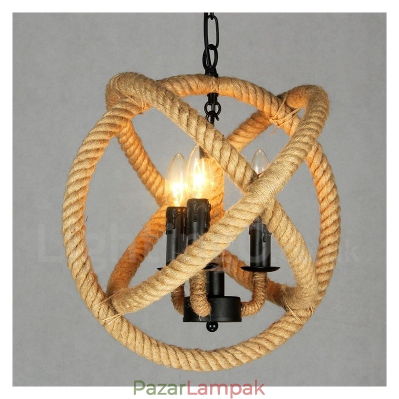 Country Hemp Rope 3 Light Vintage függőlámpa
