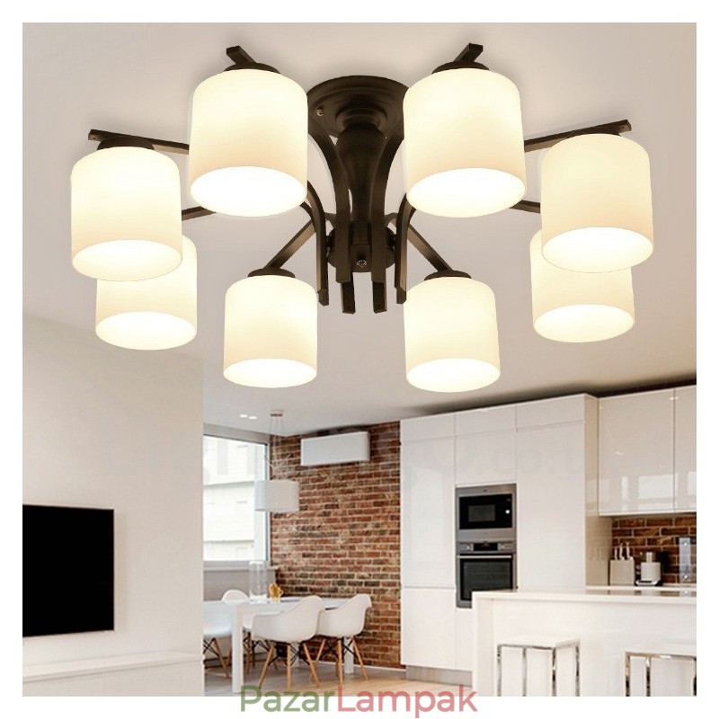 8 Light Country integrált fém csillár üvegernyővel