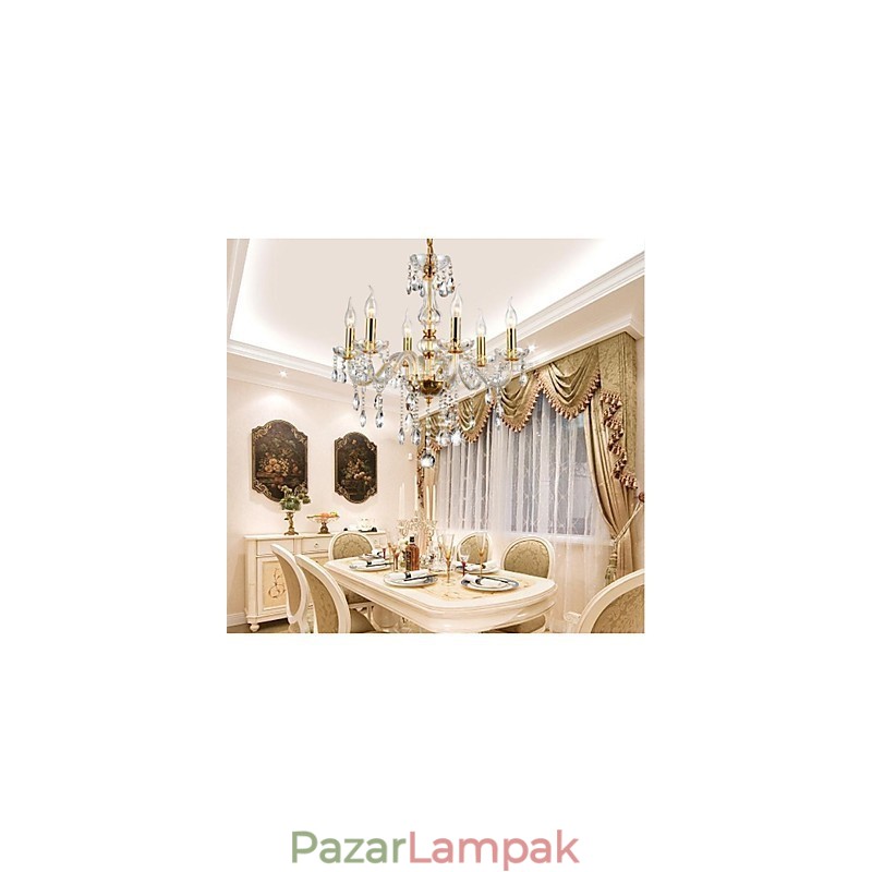 Chandelier 6 Lights Golden Vintage Crystal Feature