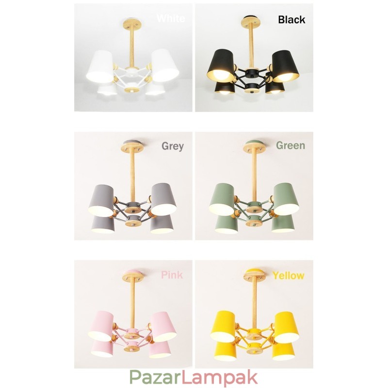 4 Világos, több színű Macaron Wood Vintage festmény, fém csillár