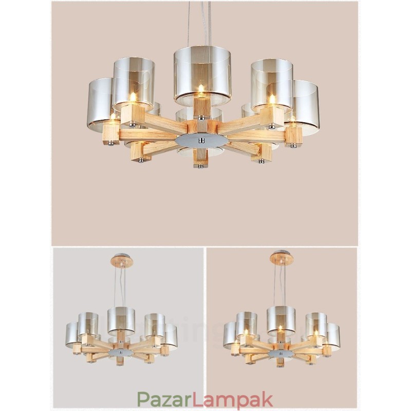 8 Világos fa Modern kortárs skandináv stílusú függőlámpa üvegernyővel