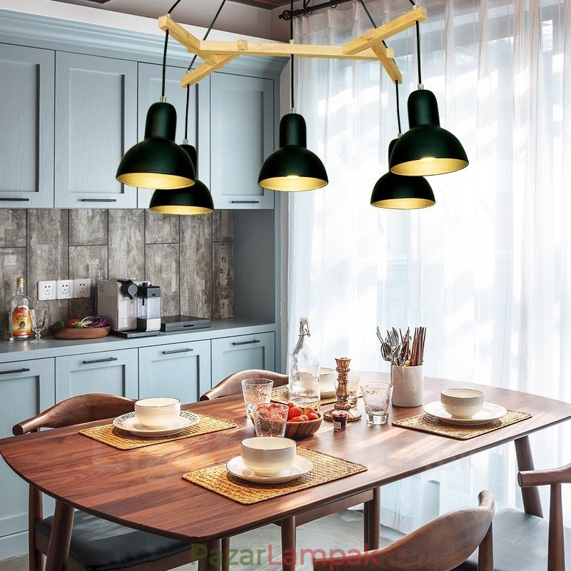 5 Light Wood Modern, kortárs függőlámpa vasernyővel