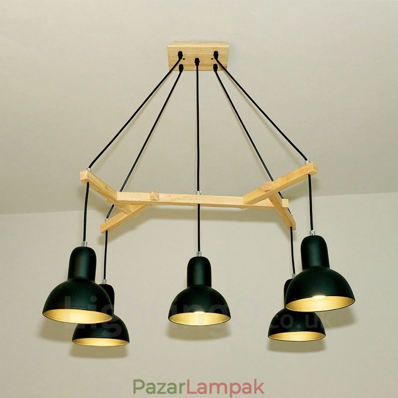 5 Light Wood Modern, kortárs függőlámpa vasernyővel