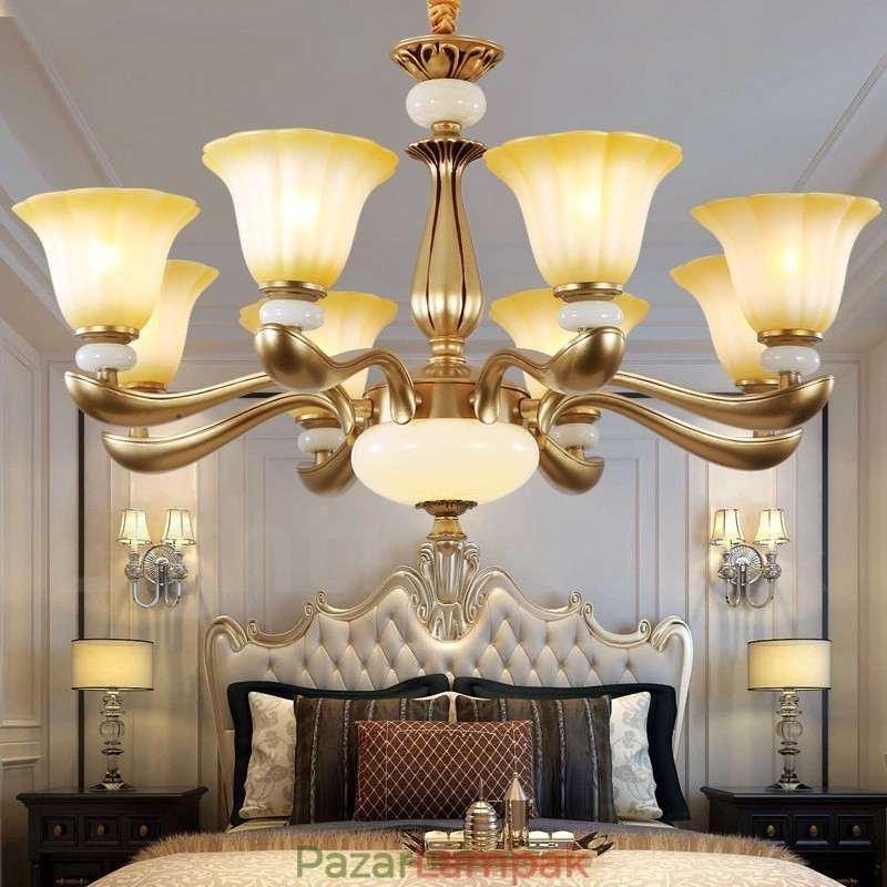 8 Light Retro Traditional Luxury Cink ötvözet csillár üvegernyővel