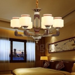 6 Light Retro hagyományos cink ötvözet Luxus előcsarnoki csillár üvegernyővel
