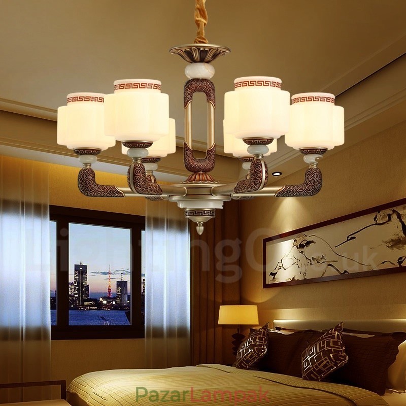 6 Light Retro hagyományos cink ötvözet Luxus előcsarnoki csillár üvegernyővel