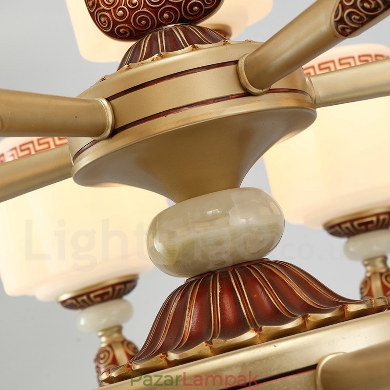 6 Light Retro hagyományos cink ötvözet Luxus előcsarnoki csillár üvegernyővel