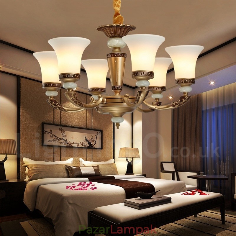 6 Light Retro hagyományos cink ötvözet Luxus előcsarnoki csillár üvegernyővel