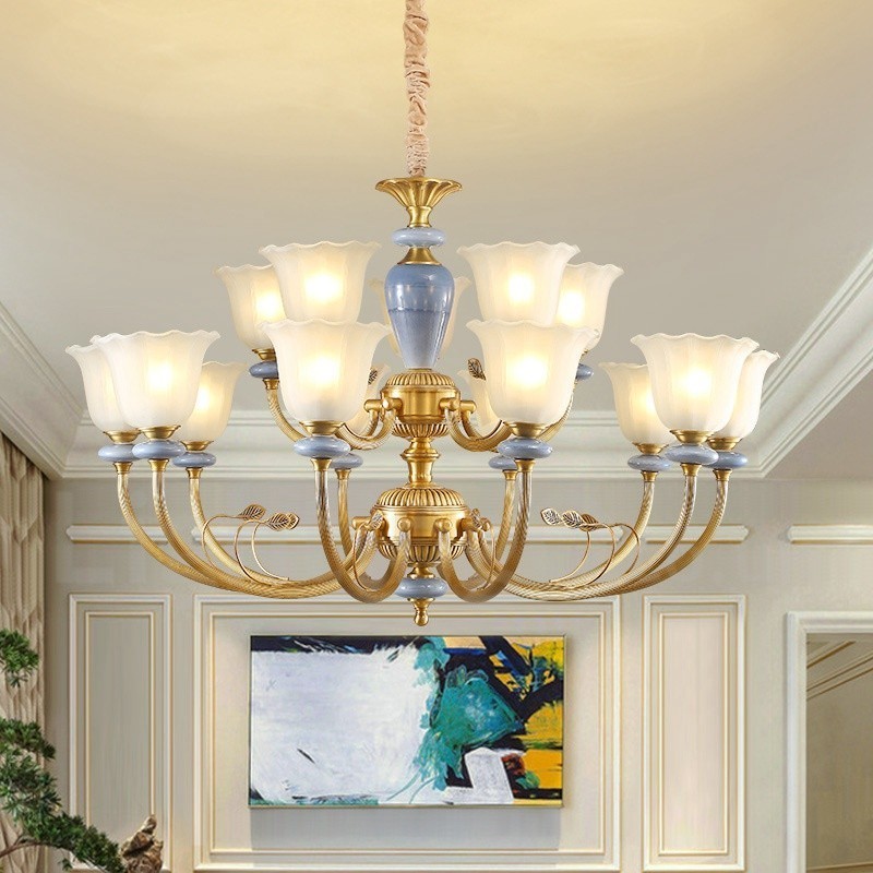 15 Világos Retro rusztikus luxus sárgaréz függőlámpa csillár üvegernyővel