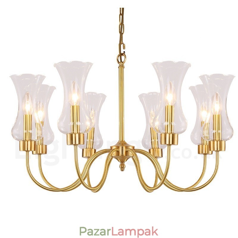 8 Világos, retro rusztikus luxus sárgaréz függőlámpa csillár üvegernyővel