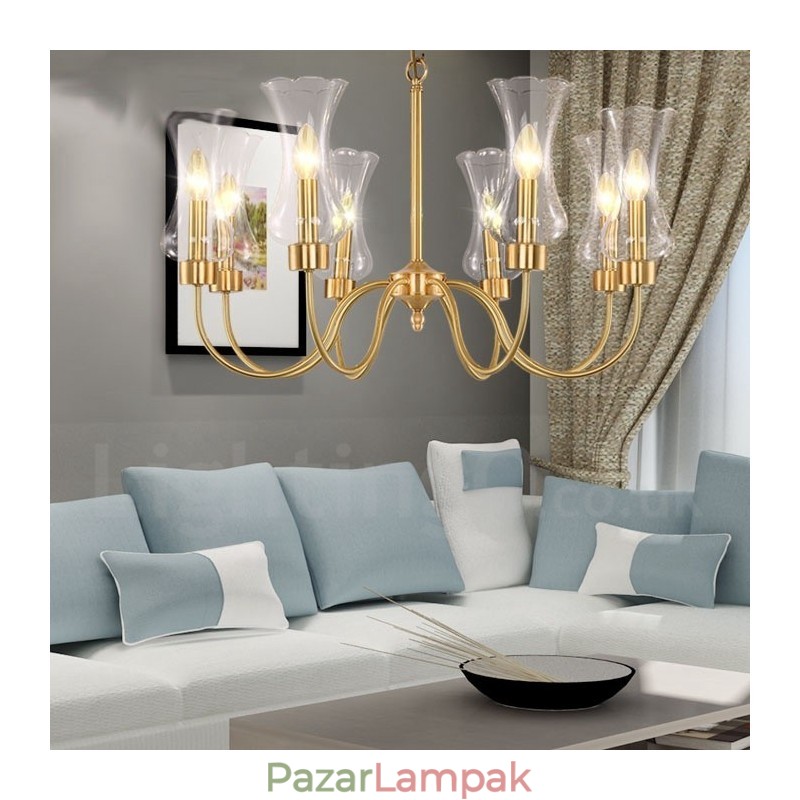 8 Világos, retro rusztikus luxus sárgaréz függőlámpa csillár üvegernyővel