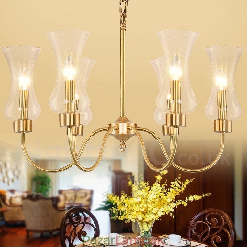 6 Világos, retro rusztikus luxus sárgaréz függőlámpa csillár üvegernyővel