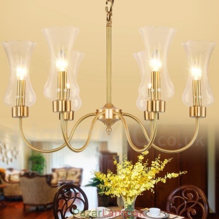 6 Világos, retro rusztikus luxus sárgaréz függőlámpa csillár üvegernyővel