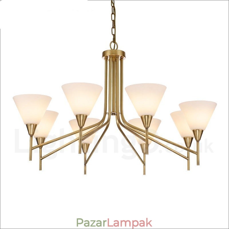 8 Világos, retro rusztikus luxus sárgaréz függőlámpa csillár üvegernyővel