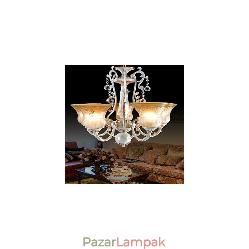 Fehér csillár öt fényű mintás üvegernyő, kézzel aranyozott európai retro klasszikus