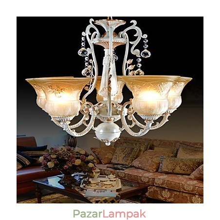 Fehér csillár öt fényű mintás üvegernyő, kézzel aranyozott európai retro klasszikus