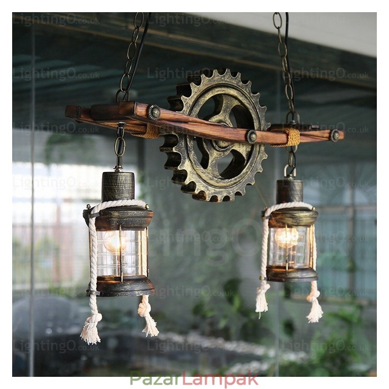 2 Light Country rusztikus vintage retro függőlámpa üvegernyővel
