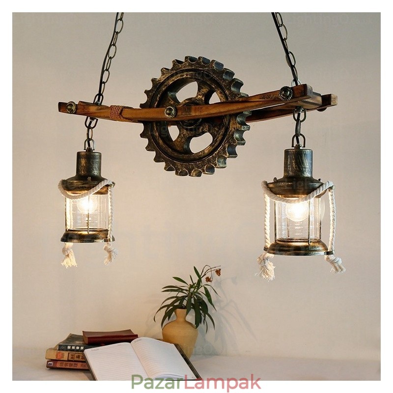2 Light Country rusztikus vintage retro függőlámpa üvegernyővel