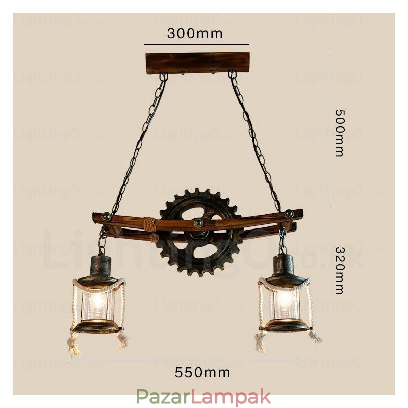 2 Light Country rusztikus vintage retro függőlámpa üvegernyővel