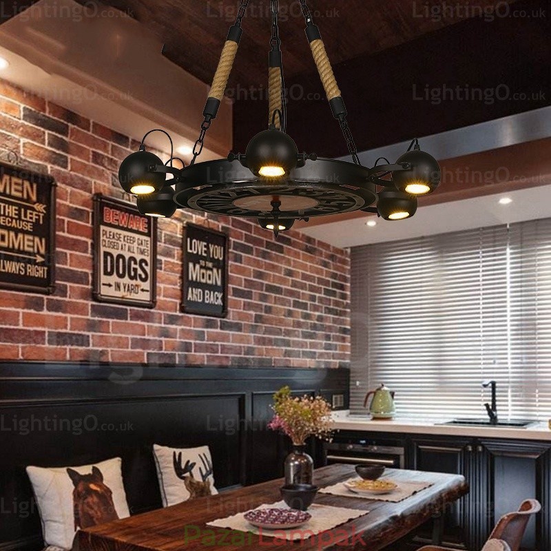 6 Light Vintage retro függőlámpa rozsdamentes acél ernyővel