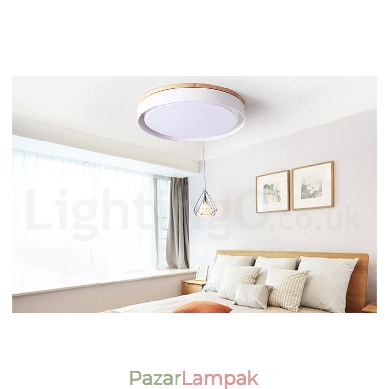 Több színben szabályozható, kör alakú fa mennyezeti lámpa akril ernyővel, északi stílusú mennyezeti lámpával