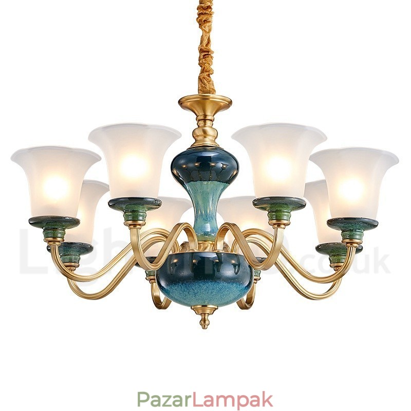 Retro vintage sárgaréz kerámia függő gyertyacsillár üveg ernyőkkel