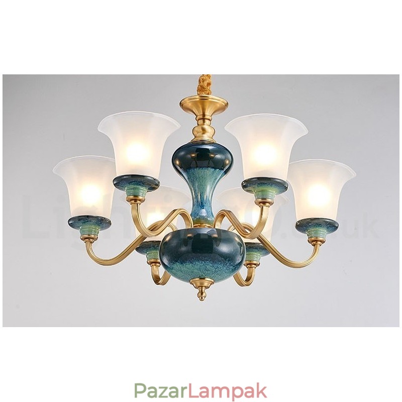 Retro vintage sárgaréz kerámia függő gyertyacsillár üveg ernyőkkel