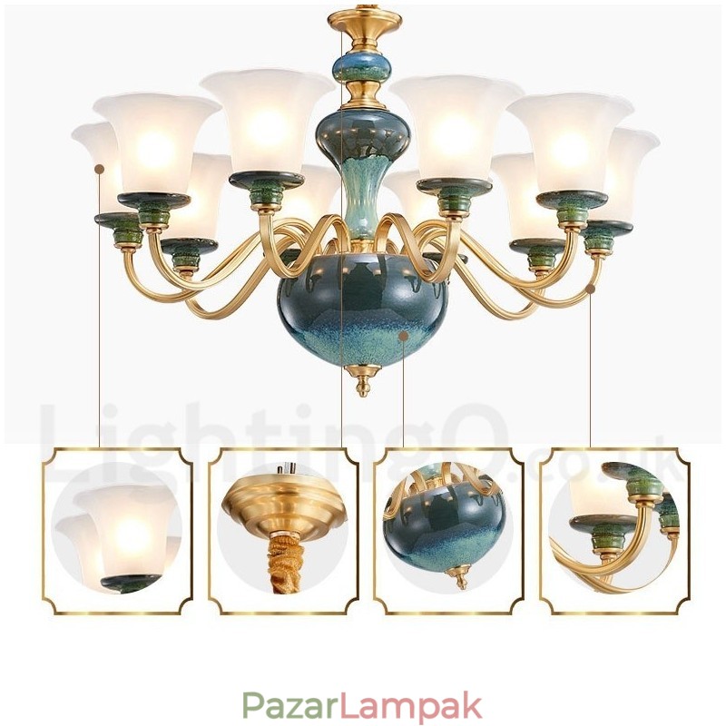 Retro vintage sárgaréz kerámia függő gyertyacsillár üveg ernyőkkel