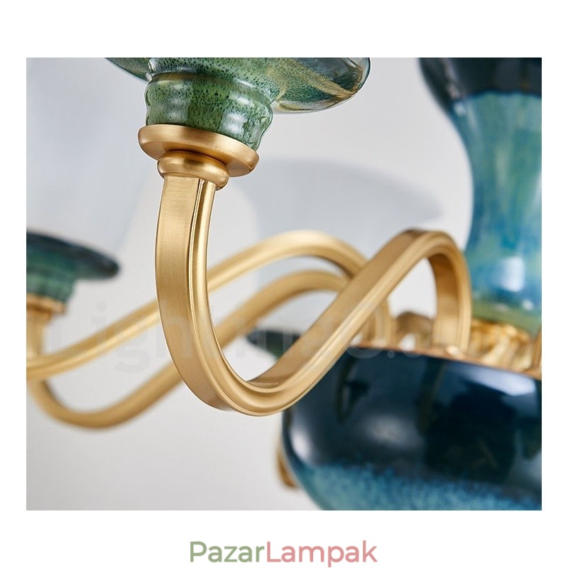 Retro vintage sárgaréz kerámia függő gyertyacsillár üveg ernyőkkel