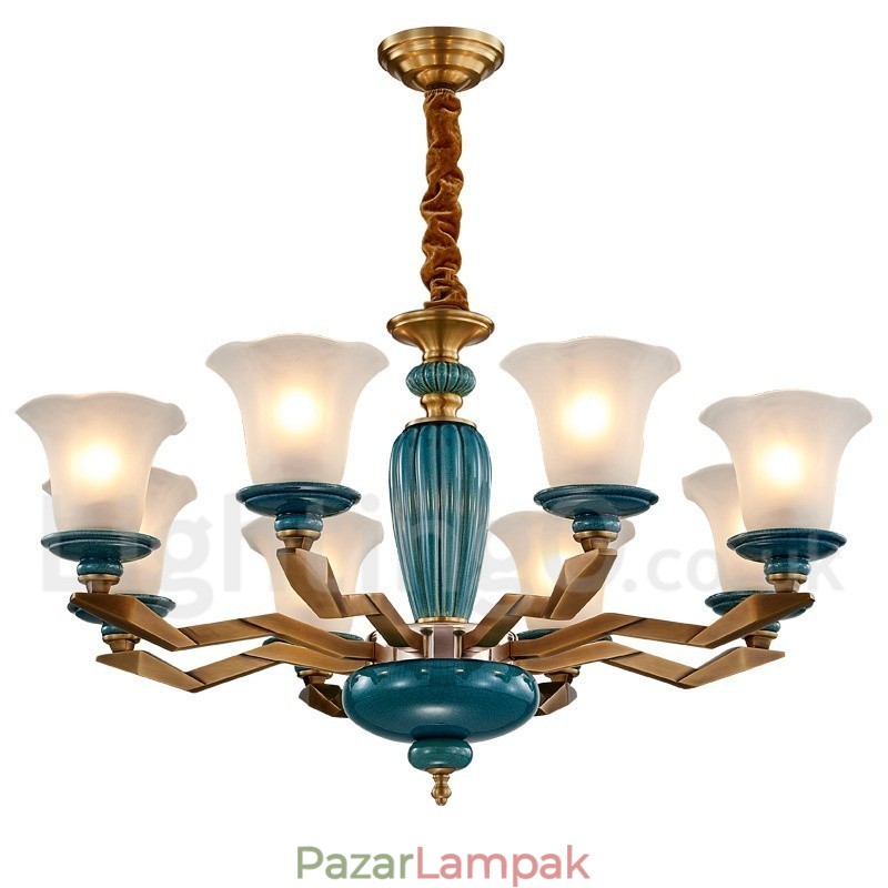 Retro vintage sárgaréz kerámia függő gyertyacsillár üveg ernyőkkel