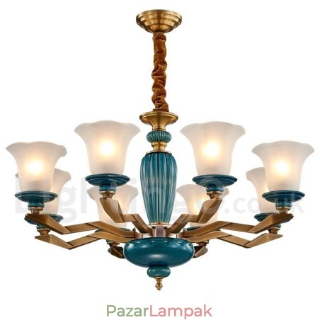 Retro vintage sárgaréz kerámia függő gyertyacsillár üveg ernyőkkel Retro vintage sárgaréz kerámia függő gyertyacsillár üveg ernyőkkel