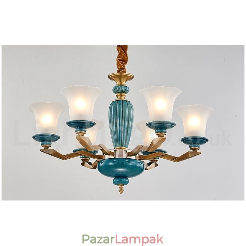Retro vintage sárgaréz kerámia függő gyertyacsillár üveg ernyőkkel