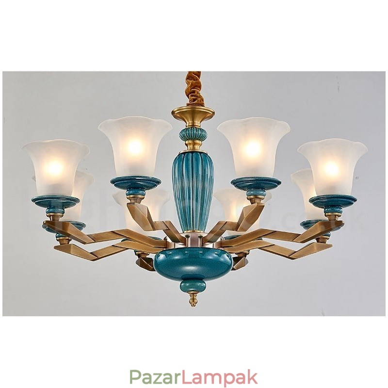 Retro vintage sárgaréz kerámia függő gyertyacsillár üveg ernyőkkel