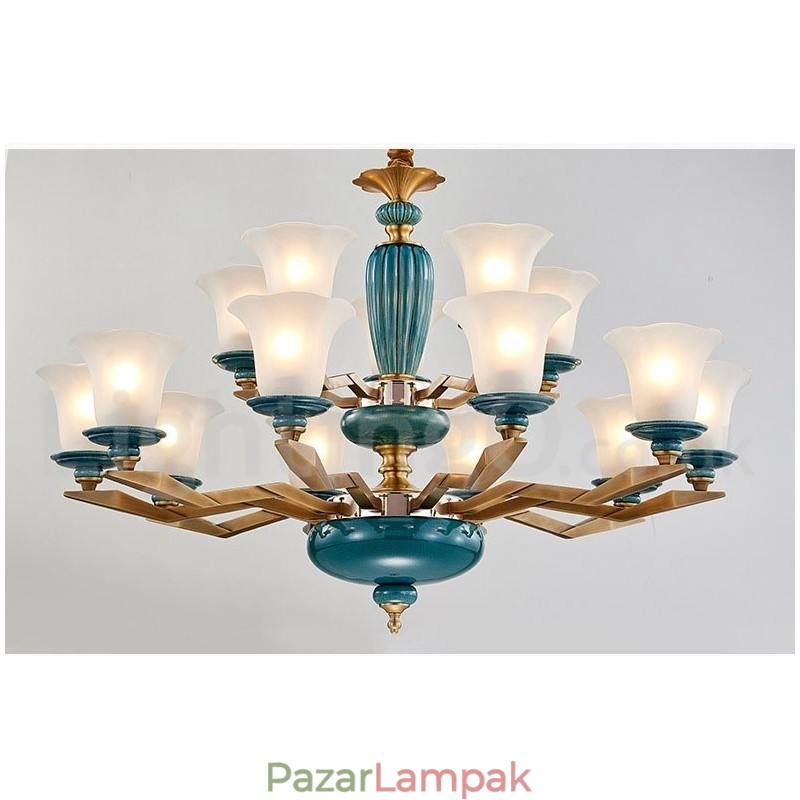 Retro vintage sárgaréz kerámia függő gyertyacsillár üveg ernyőkkel