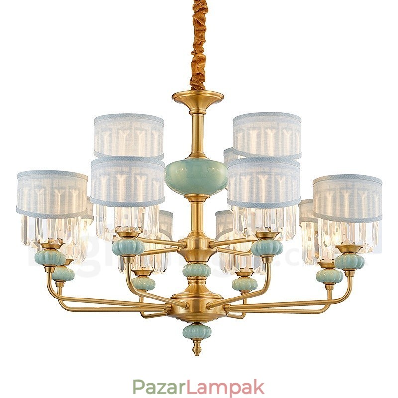 Tiszta sárgaréz luxus, rusztikus retro vintage sárgaréz kerámia függő gyertyacsillár szövettel és kristály ernyőkkel