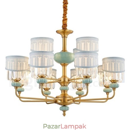 Tiszta sárgaréz luxus, rusztikus retro vintage sárgaréz kerámia függő gyertyacsillár szövettel és kristály ernyőkkel Tiszta sárgaréz luxus, rusztikus retro vintage sárgaréz kerámia függő gyertyacsillár szövettel és kristály ernyőkkel